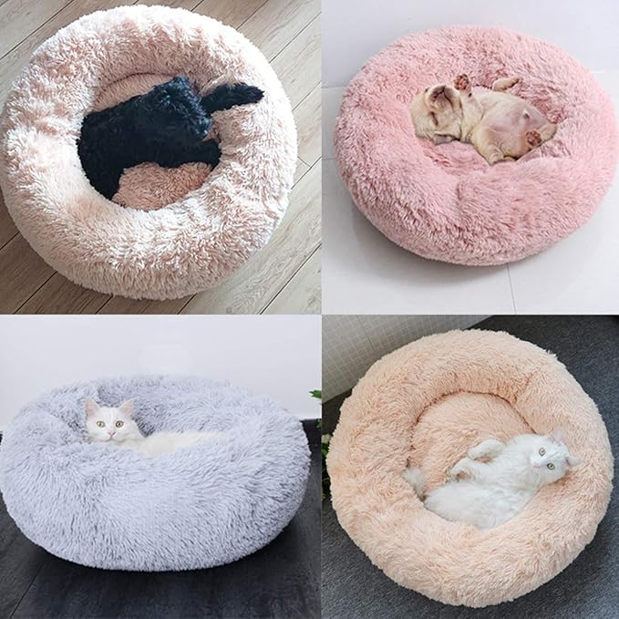 huraty Plush Dog Bed for Small Medium Dogs, Fluffy Donut Round Pet Cat Beds, Anti-Slip & Anti-Anxiety, 24 Inch for Puppy and Kitties, Khaki, M