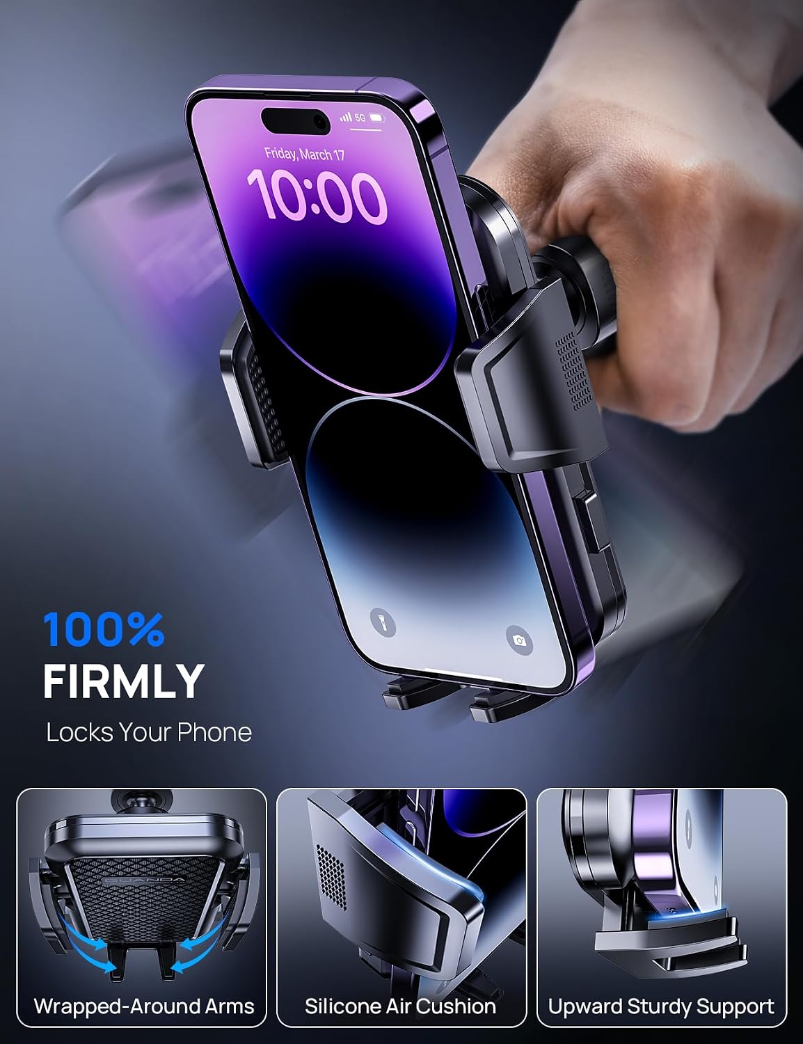 Air Vent Car Phone Holder, Metal Hook Clip, One-Hand Release, Anti-Shake