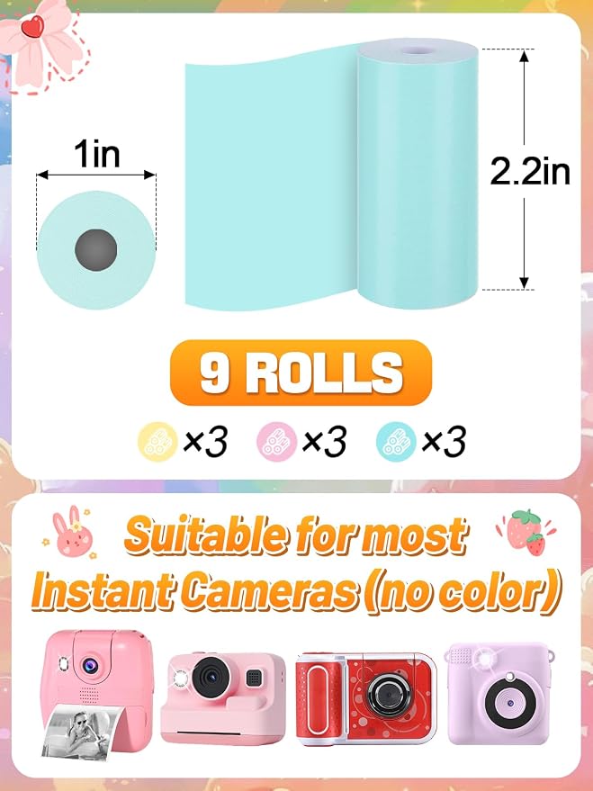9 Rolls Kids Instant Camera Print Refill Paper- 1''×2.2'' Photo Printer Thermal