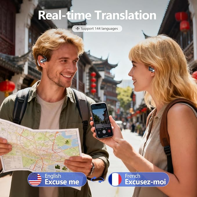 AI Open Ear Headphones Translation Earbuds, Real-Time 2-Way Language Translator
