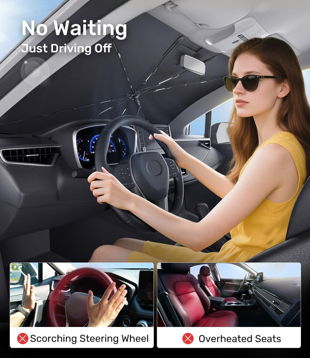 Zanch 2026 Upgraded Car Windshield Sun Shade [Cool Down by 75℉ ] with Heat Insulation Coating, Foldable Sunshade Umbrella Flexible Handle & Ribs, Medium (57''x32'') for Car, SUV, Truck, Van