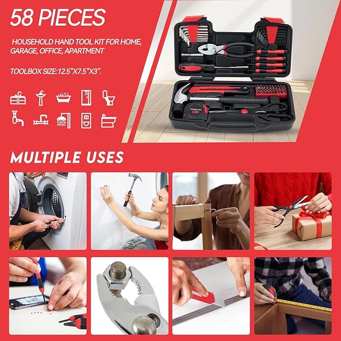 MARTCOLOR 58 Piece Household Tool Set, General Household Hand Tool Kit with Plastic Toolbox Storage Case, All Purpose Household Tool Kit for Home, Garage, Office and College Dormitory Use, Red