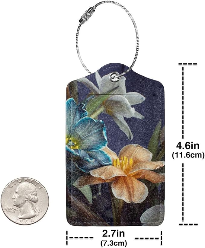 Retro Tulips Luggage Bag Case Tags for Travel Suitcase White Blue Yellow Flowers On Blue Background PU Leather Baggage Tag with ID Label Privacy Flap Cover 2 Pack