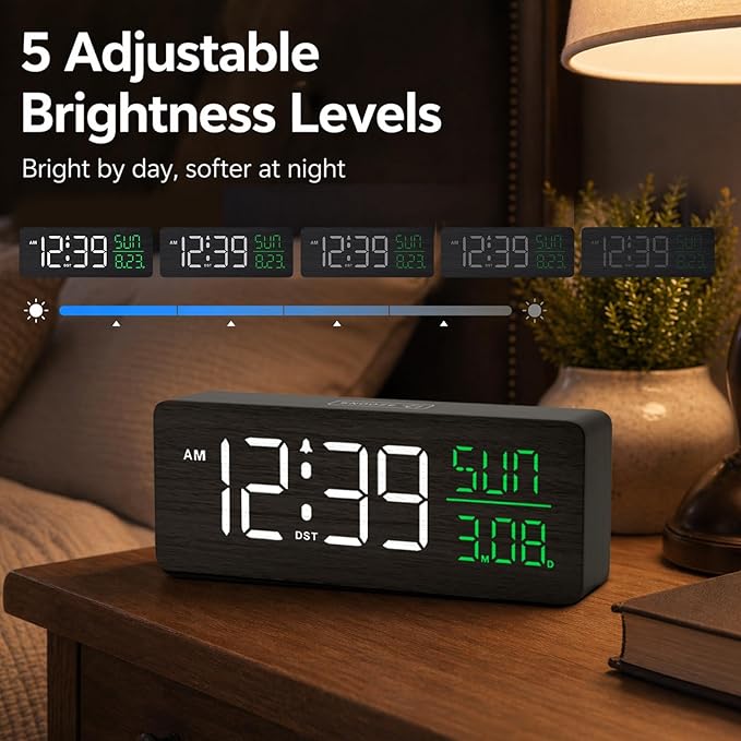 Peakeep Wooden Digital Alarm Clock Large Display, Textured Decoration