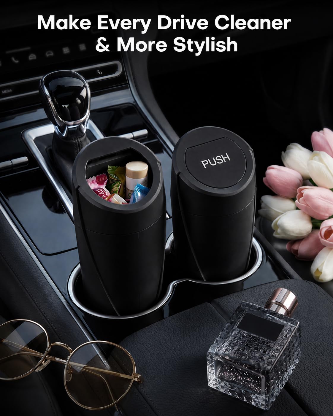 HOTOR Car Trash Can, Black Car Garbage Can with Lid, Bonus Bags, L(2 Pack)