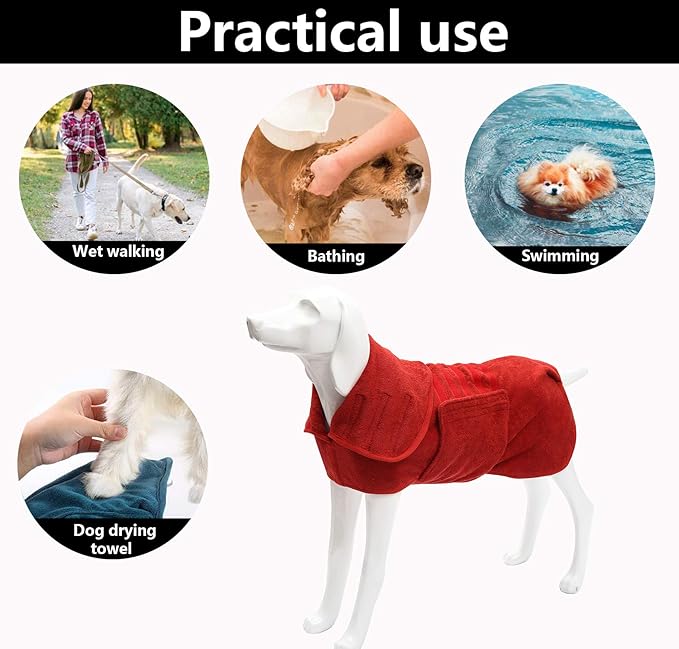 Geyecete Dog Drying Coat - Fast Drying Dog Bath Robe Towel - Microfibre Super Absorbent - Luxuriously Soft - Red - XXXL