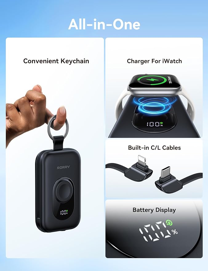 RORRY Portable Charger, 20000mAh PD 30W Portable Charger Power Bank with 2 Built-in Cables, Super Fast Charging Battery Pack with Keychain, Travel Essentials for iPhone, Apple Watch, iPad, Black