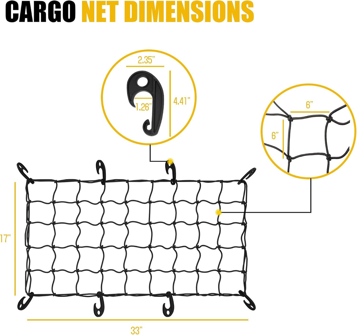 ARKSEN 17" x 33" Heavy Duty Tangle-Free Nylon Cargo Net (3.9" x 3.9" Mesh) Universal Bungee Stretches for Pickup, Truck, Bed, SUV, Roof Rack & Travel Luggage Rack