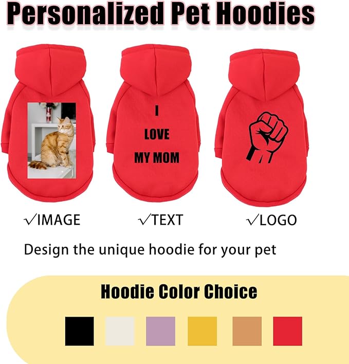 Custom Dog Hoodie, Personalized Sweatshirt with Photo Text Name Logo, Customized Hooded Sweater for Small Medium Large Dogs & Cats (Red, XXX-Large)