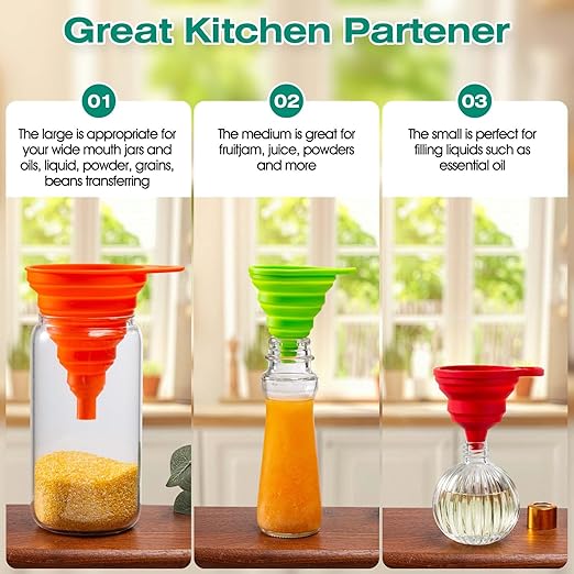 KALAVE Kitchen Funnel Set 6 Pack - Food Grade Silicone Collapsible Funnel, Funnels for Kitchen Use Filling Bottles, Daily Cooking, and Water or Powder Transfer. (Multicolor)