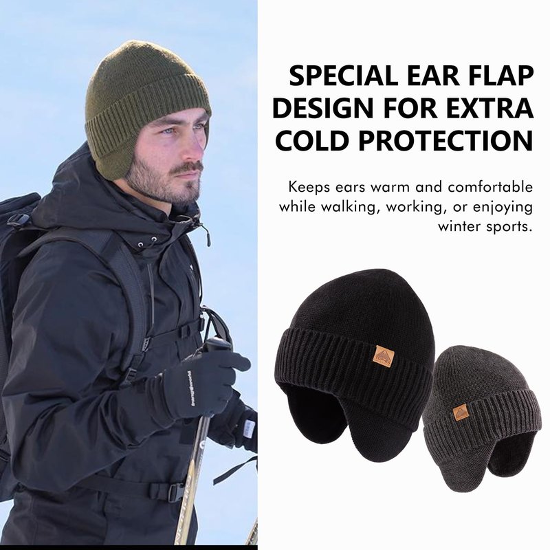 TOP-EX XL/XXL Merino Wool Waterproof Beanie for Men Women with Ear Flap Winter Fleece Lined Beanie Outdoor Skiing Hat Black M/L