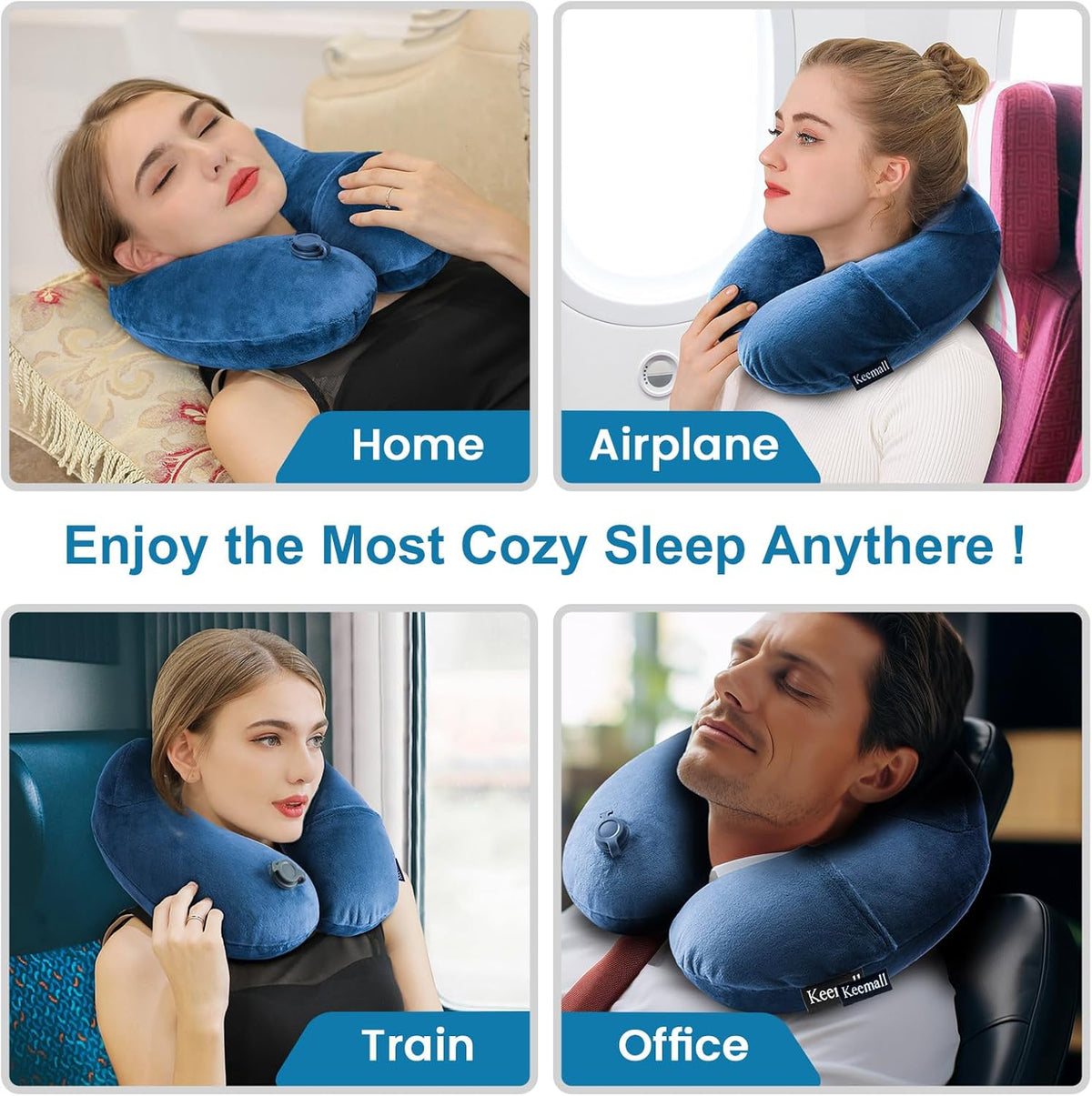 Keemall Inflatable Neck Pillow Airplane, Comfortable Inflatable Travel Neck Pillows for Airplanes Traveling on Plane, Soft Plush Cover Head Neck Rest Sleeping Long Flight for Car Train Office Home