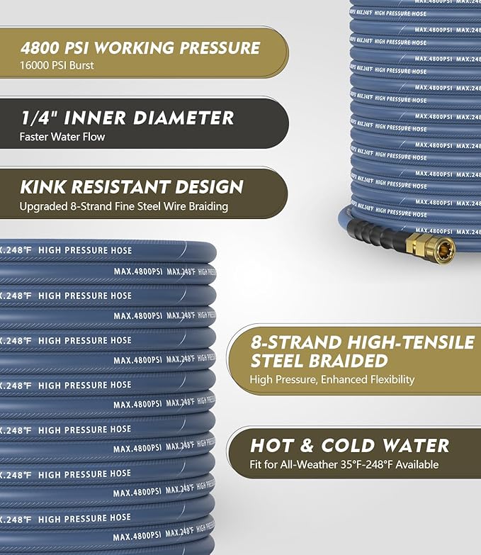 Pressure Washer Gun and Hose Kit, 4800PSI Flexible & Kink-Resistant - Steel Braided & Durable High Power Washer Hose 50 FT with 3/8" Swivel Quick Connector and M22 14mm Adapters & 5 Nozzles