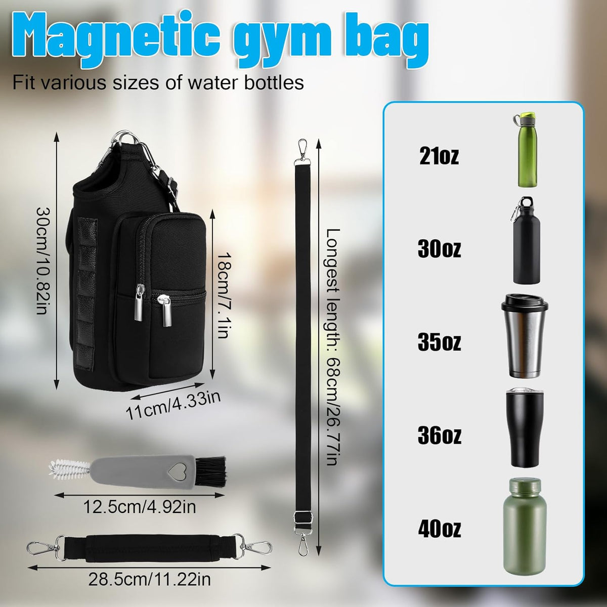 Skiennix Magnetic Gym Bag - Versatile Water Bottle Holder with Strap & Cleaning Brush | Ideal for Travel & Sports