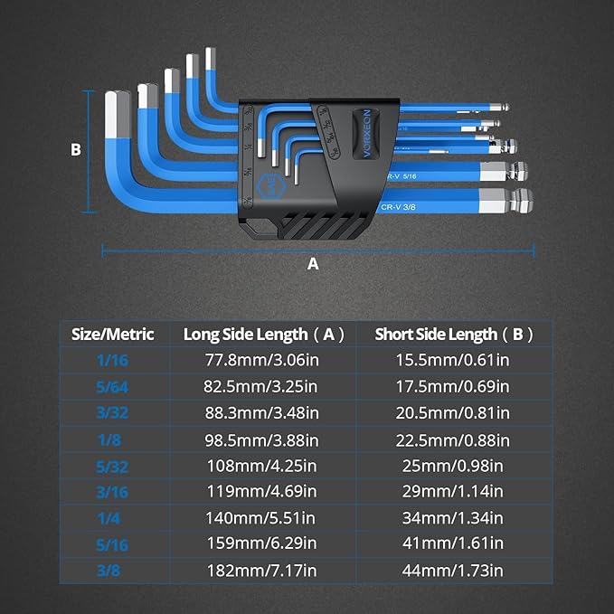 9 pcs SAE Hex Key Set 1/16 to 3/8 inch, Imperial Allen Wrench with Long Arm Ball and Flat End Visible coding for Bike Repair, Automotive and Home DIY