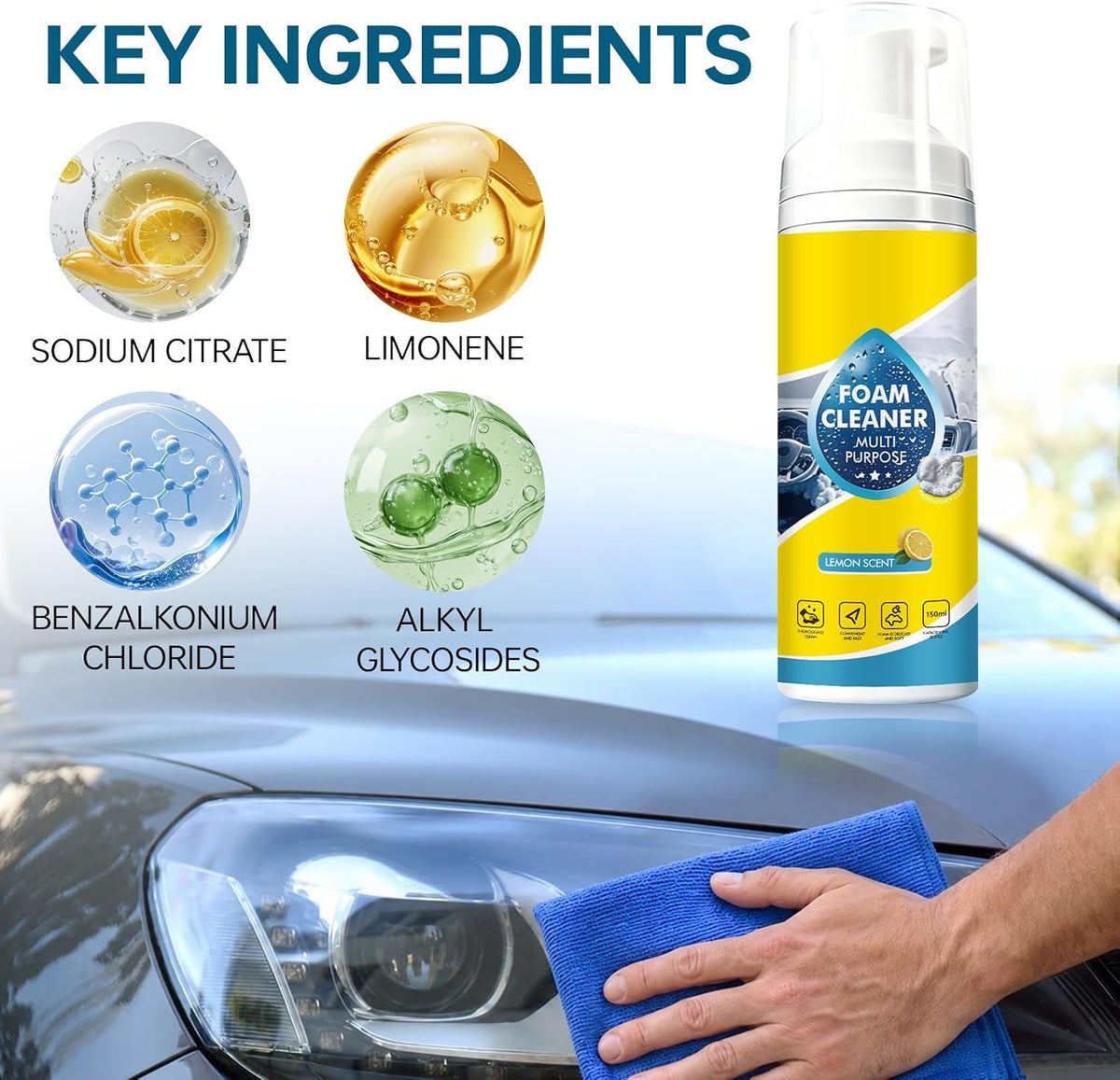 4-in-1 Multi-Enzyme Foam Cleaner, New Foam No-Rinse Multi Purpose Cleaner, Deep Cleaning Spray for Car Interior, Kitchen Grease, Bathroom Tiles, Sofa Upholstery(2PC)