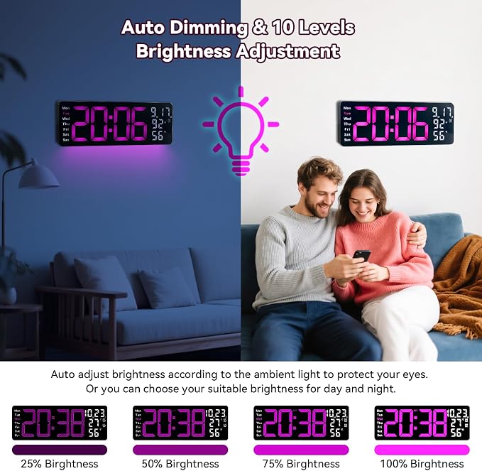 Digital Wall Clock Large Display, 17.3" Digital Clock