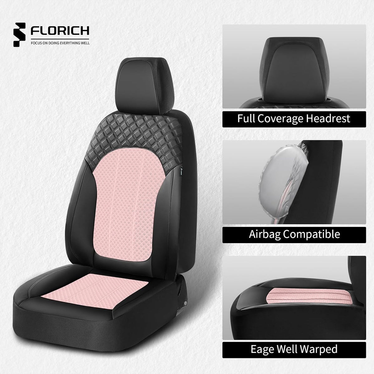FLORICH Seat Covers Front Seats Pink Seat Cover 2 Pack Leather Mesh Automotive Car Seat Cover Breathable Durable Car Interior Cover Cushion Universal Fit for Most Car SUV Sedan Truck, Black&Pink