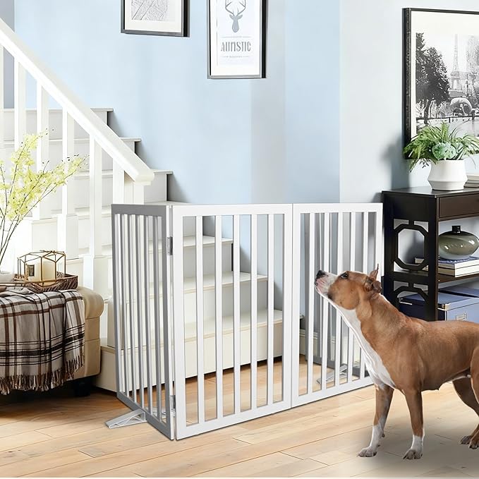 Dog Gate Indoor, Freestanding Dog Fence for The House, Doorways, Hallways,or Stairs,Pet Gate Foldable Wooden,Expandable 32" Height 4 Panels,White