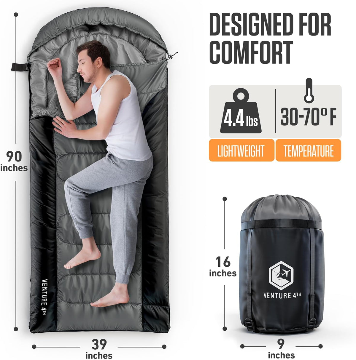 VENTURE 4TH Sleeping Bag - Lightweight & Warm for Cold Weather | XXL Size for Adults, Kids & Couples - Perfect for Hiking & Camping