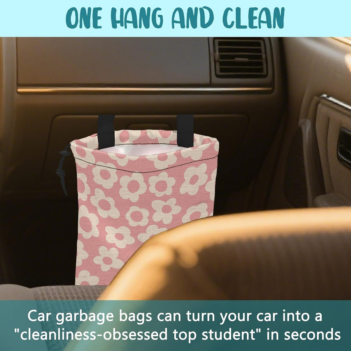 Car Garbage Bag Vintage Pink Groovy Flowers Drawstring Car Trash Bag Hanging for Back Seat with Adjustable Buckle Canvas Vehicle Trash Can Easy-to-Install