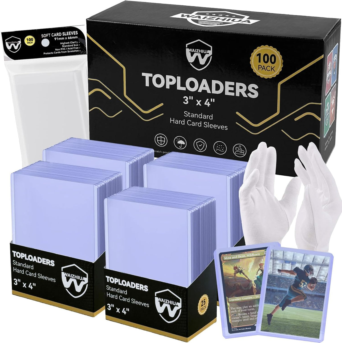 Skiennix 200 Card Sleeves - Premium Hard Plastic Toploaders with 100 Penny Sleeves | 3" x 4" Protectors for Trading Cards