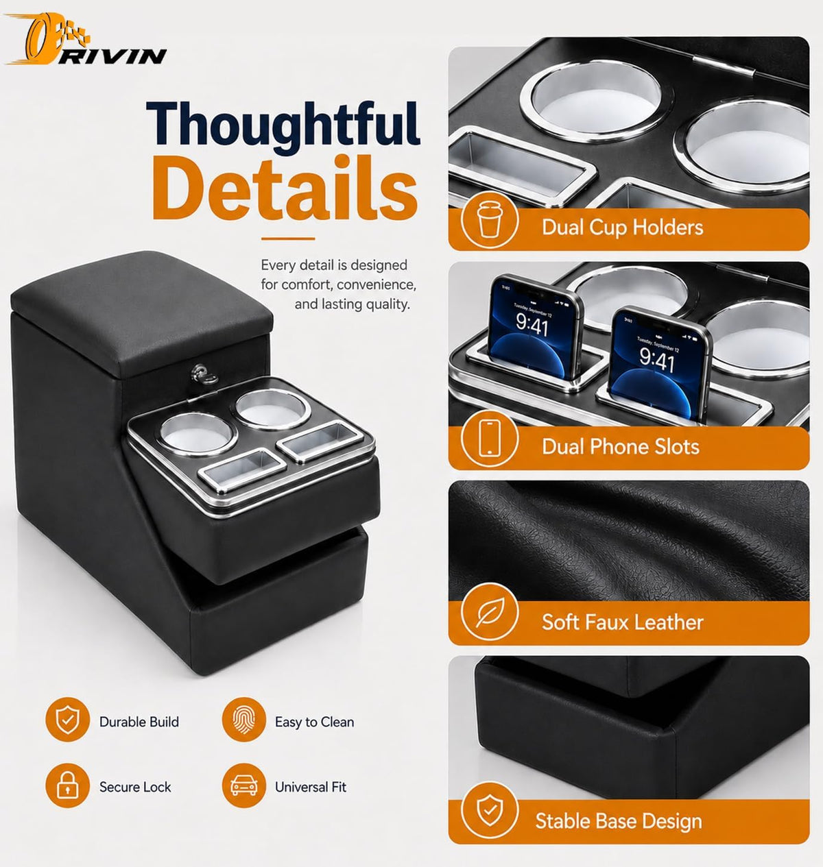 20" L x 9.65" W x 13.78" H, 24L Center Console Between Seats for Minivans, SUVs & Trucks, Floor/Bench Seat Organizer with Locking Hidden Storage, Dual Cup Holders & Armrest