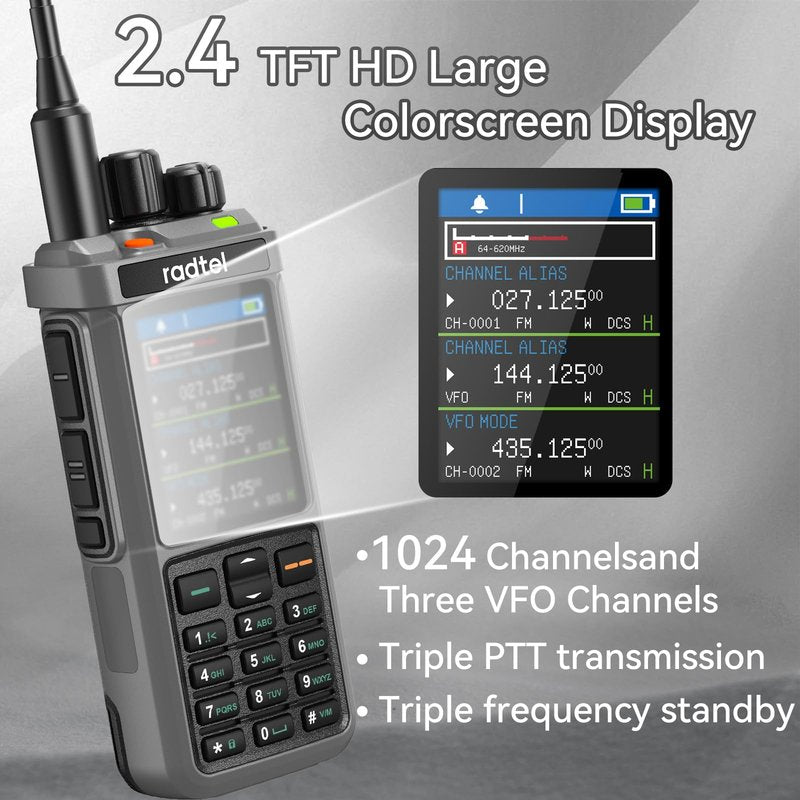 Radtel RT-880G GPS APRS Ham Radio 10W Walkie Talkie Portable CB Radio 1024 Channels HF SSB Rx with Cross-Band Repeater, 2.4 Inch Color Display, 2400mAh Rechargeable Battery,