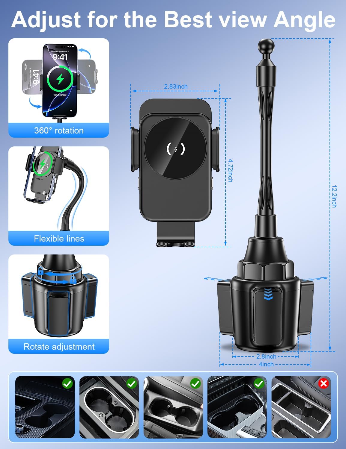 Cup Holder Phone Holder, 15W Wireless Car Charger Holder Fast Charging