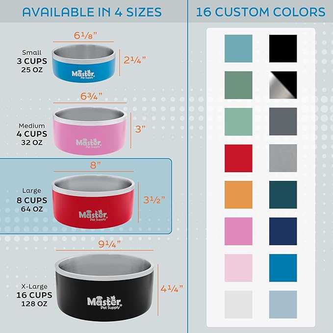 Master Pet Supply Stainless Steel Dog Bowls - 64 oz, Heavy Duty - Crimson Flame, Double Wall Extra-Thick Insulated, Non-Slip Pet Water Bowl for Dogs, Cats & Pets, Anti Rust Metal, Dish Washer Safe