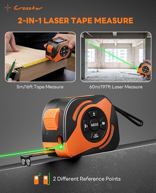 Crosstar 2-in-1 Laser Tape Measure 197ft, 532nm Green Beam, 16ft Manual Tape