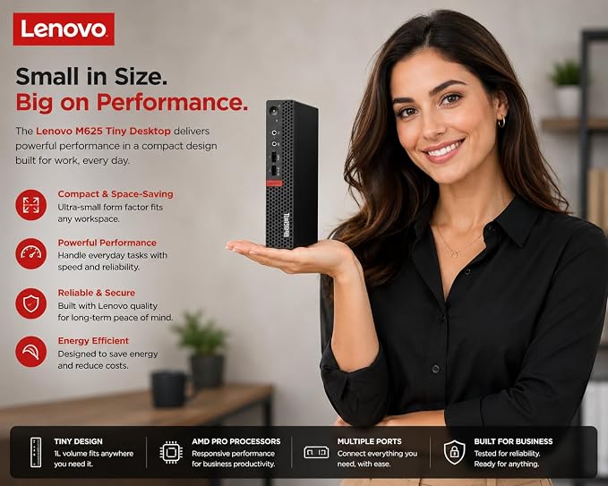 Lenovo ThinkCentre Mini Desktop Computer with AMD Processor & Graphics, 8GB DDR4 RAM, 256GB SSD, Windows 11, Wi-Fi, Bluetooth, 2X DisplayPort, RJ-45 Port, USB, for Daily Work, Wired Keyboard & Mouse