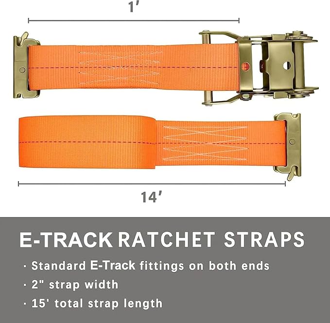16 Pack E Track 2 Ratchet Strap Etrack Van Strap Box Truck Straps Accessories Heavy Duty 15ft E Track Accessories 4400lbs Breaking Load, 2200 Working Load Orange