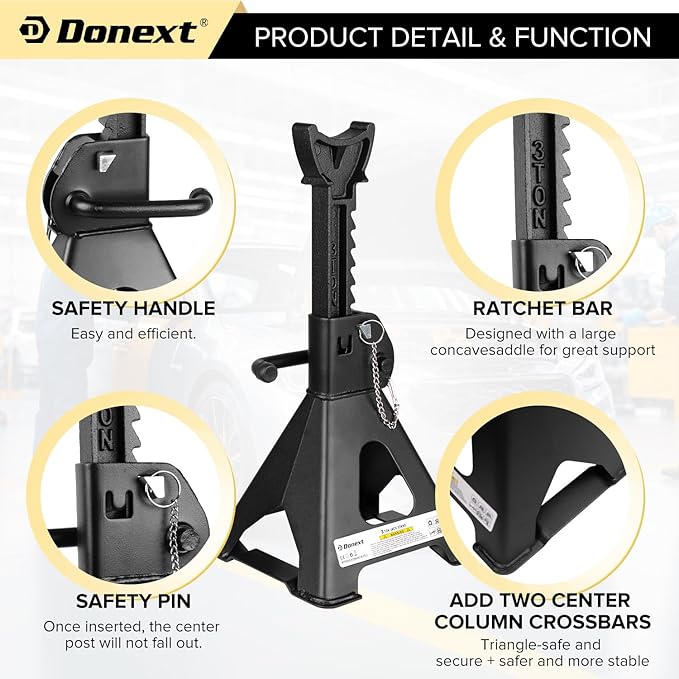 Donext Jack Stands, 3 Ton (6,000 lbs) Capacity Car Jack Stands Double Locking, 11.4"-16.54" Adjustable Height, Car Stand for Lifting, Black, 1 Pair