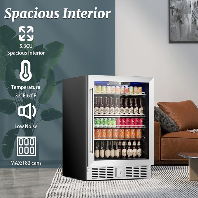 DOGHLY 24 Inch Beverage Refrigerator, 182 Cans Drink Fridge with Glass Door | Built-in Cooler for Soda Wine Beer, Advanced Cooling, Safety Lock, Freestanding Beverage Fridge for Kitchen Bar Office