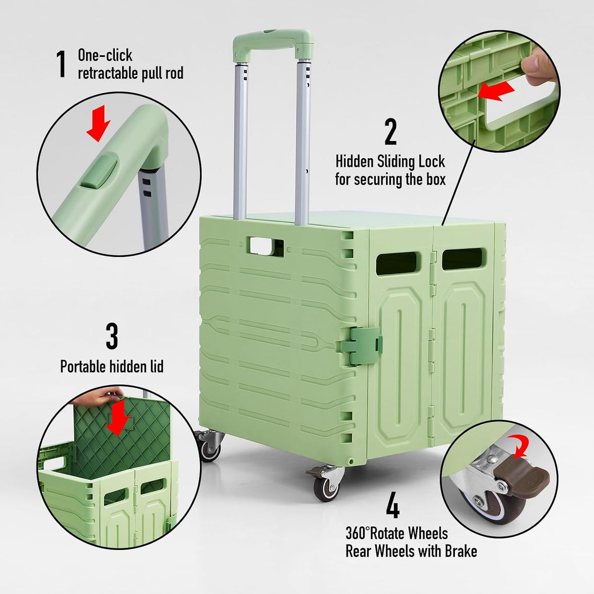 Folding Utility Cart Portable Rolling Crate Handcart Foldable Shopping Trolley Collapsible, with Lid, on Wheels, for Grocery, Garden, Office, Storage, Teacher, Tool (Green)