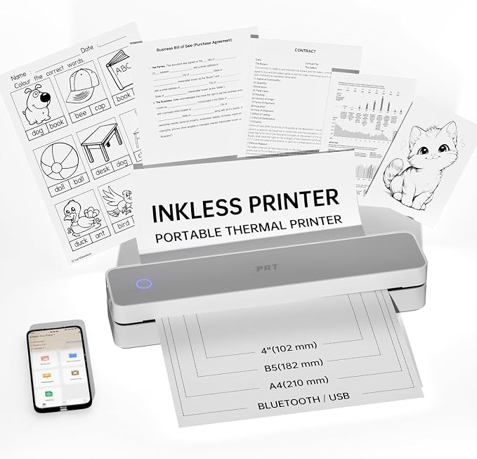 PRT Portable Printer Wireless for Travel, Support 8.5x11 US Letter&A4 Thermal
