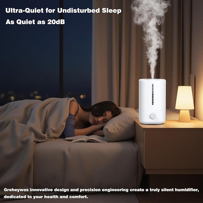 Top Fill Humidifiers for Bedroom, 4.5L Tank for Large Room, Oil Diffuser, 20dB Quiet Cool Mist Air Humidifier for Home Baby Nursery & Plants, Auto Shut-off and BPA-Free for Safety, 100H