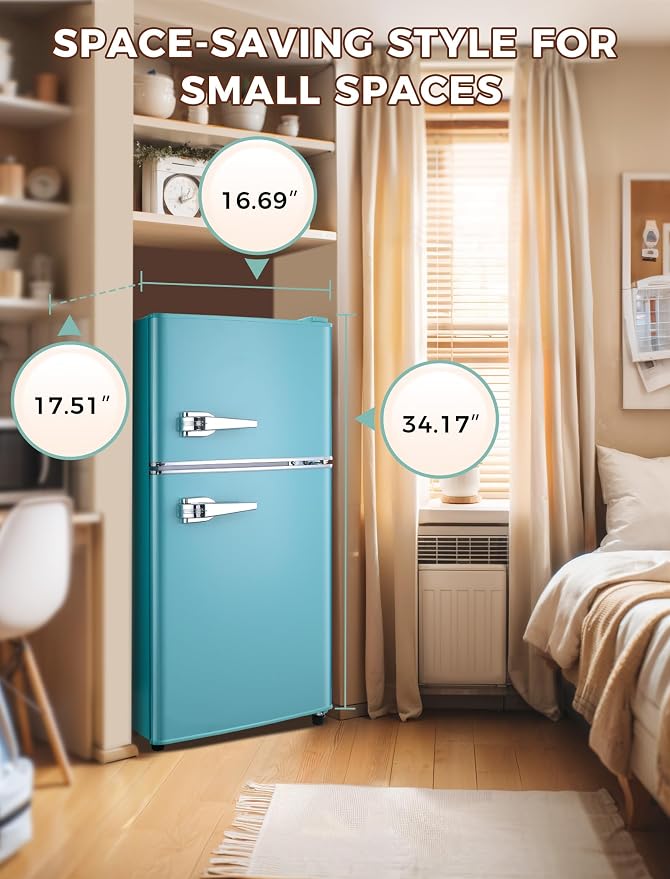 Anypro 3.2 Cu.Ft Refrigerator, Retro Double Door Fridge with Freezer, 7 Adjustable Temperature Settings, Removable Glass Shelves for Dorm, Office, Bedroom, Apartment, Blue