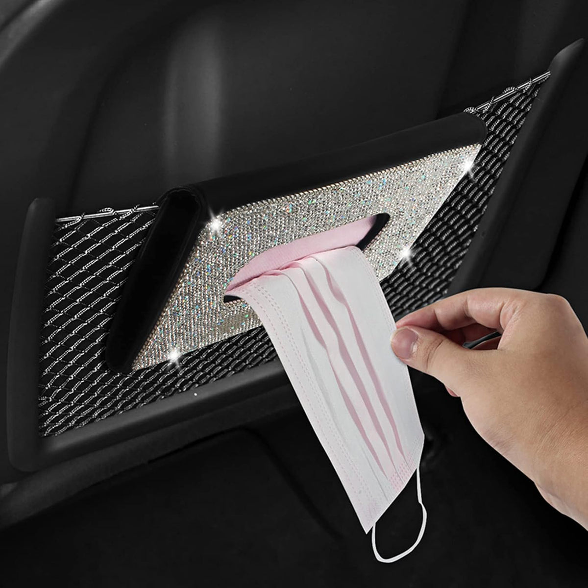 【2026 Upgraded】Bling Car Sun Visor Tissue Box with Refills Paper Towels, PU Leather Backseat Mask Case,Crystal Sparkling Napkin Holder, Handmade Decoration Accessories for Women,Girls,Ladies , White
