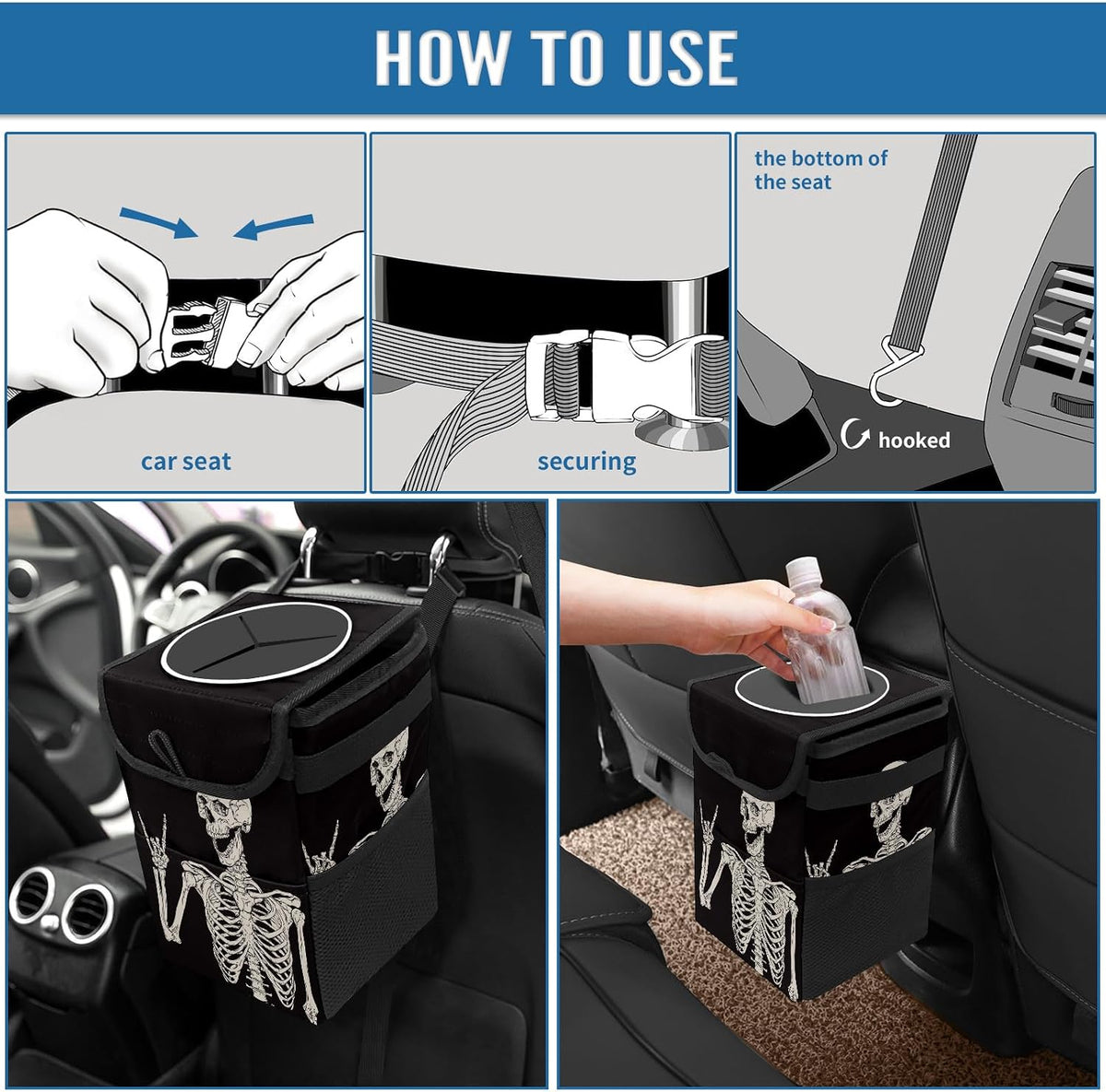Goth Skull Car Trash with Lid - Leakproof Vehicle Trash Bin Car Accessories