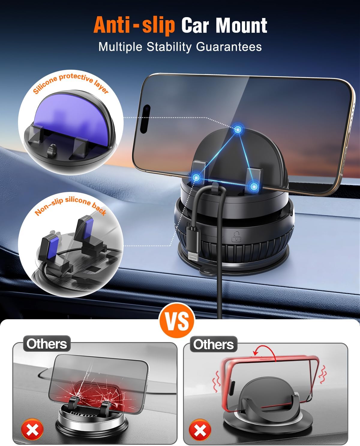 pop-tech Car Suction Dashboard Phone Holder:【360° Rotating & 30° Adjustable】 Vacuum Suction Cup Cell Phone Mount with Anti-Slip Spring Snap, Vehicle Dash Mobile Stand for iPhone Samsung, GPS Device
