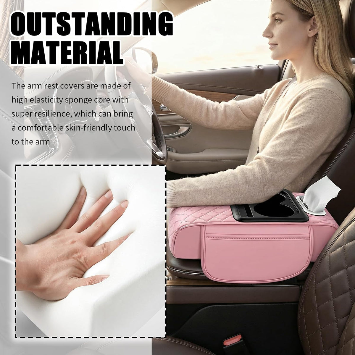 5-in-1 Car Center Console Cover,Leather Car Armrest Cover with Cup Holder/Storage Pocket/Phone Holder/Cars Tissue Holders,Thickened Cars Armrest Storage Box for Relieving Elbow Fatigue (Pink)