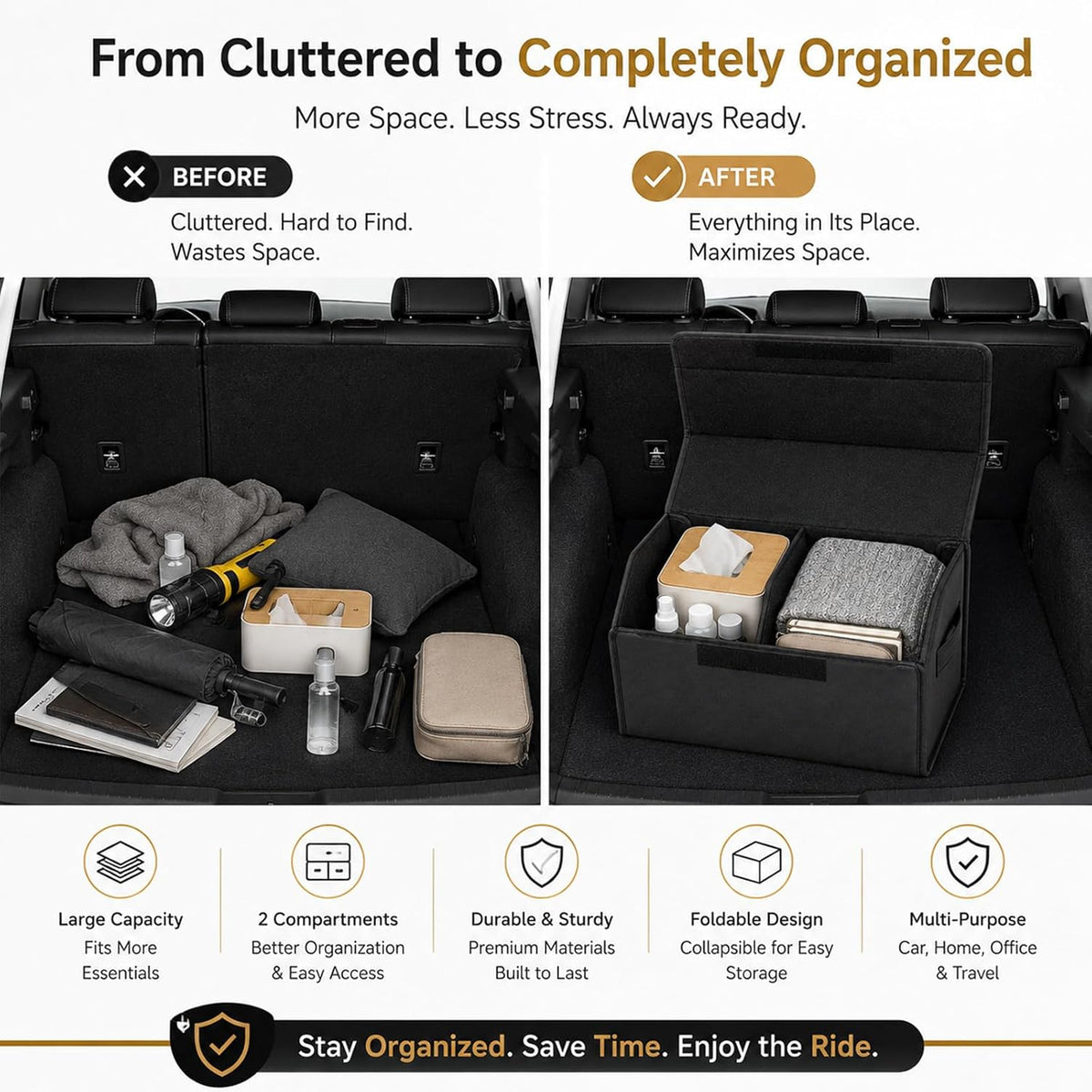 Car Trunk Organizer, Foldable Cargo Storage Box with Hook-and-Loop Lid, Suede & Faux Leather Trunk Organizer for SUV Sedan Truck, Adjustable Divider, Handles, Black, 19.7inches
