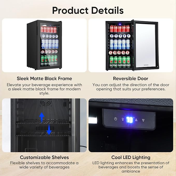 120 Can Beverage Refrigerator, Freestanding Beverage Cooler with Digital Temperature Display, Mini Drink Beer Soda Fridge for Office or Bar, White Indicator Light & Reversible Door - Black