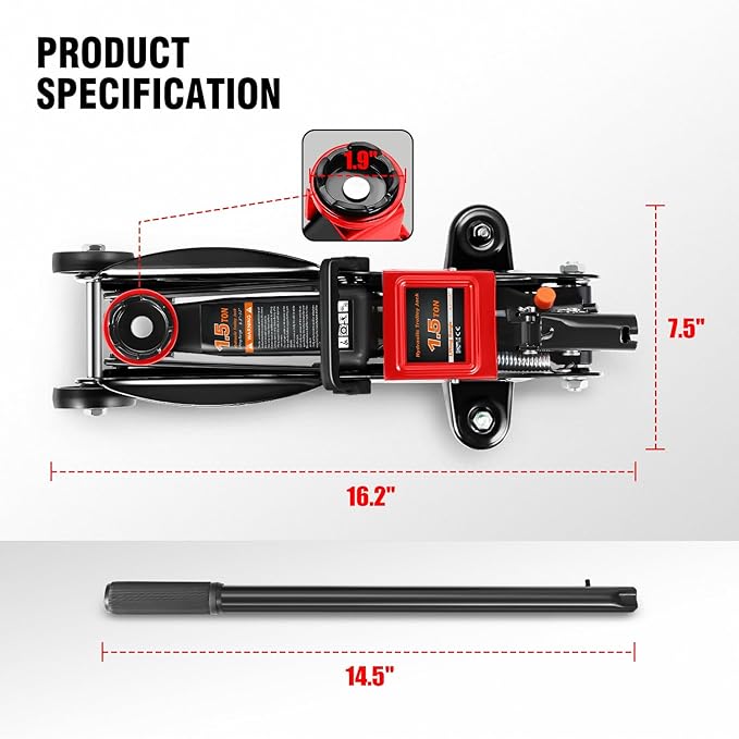 PM PERFORMOTOR Low Profile Hydraulic Trolley Service/Floor Jack, 1.5 Ton (3000 lbs) Capacity, Lifting Range 5.3"-12",Black,PM-TOL-FJ15-BK