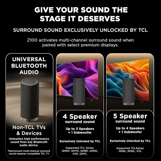 TCL Z100 Wireless Immersive 3D Home Theater Speaker QM6K, QM7K, QM8K, QM9K & X11L | Dolby Atmos Smart Auto Calibration | Flexible Placement & Modern Design | Latest Model
