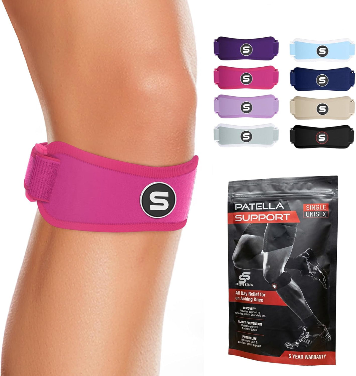 Swedish Brand Sleeve Stars Patellar Tendon Support Strap - Effective Osgood Schlatter Knee Brace for Youth & Adults | Adjustable 12"-24" - Hot Pink