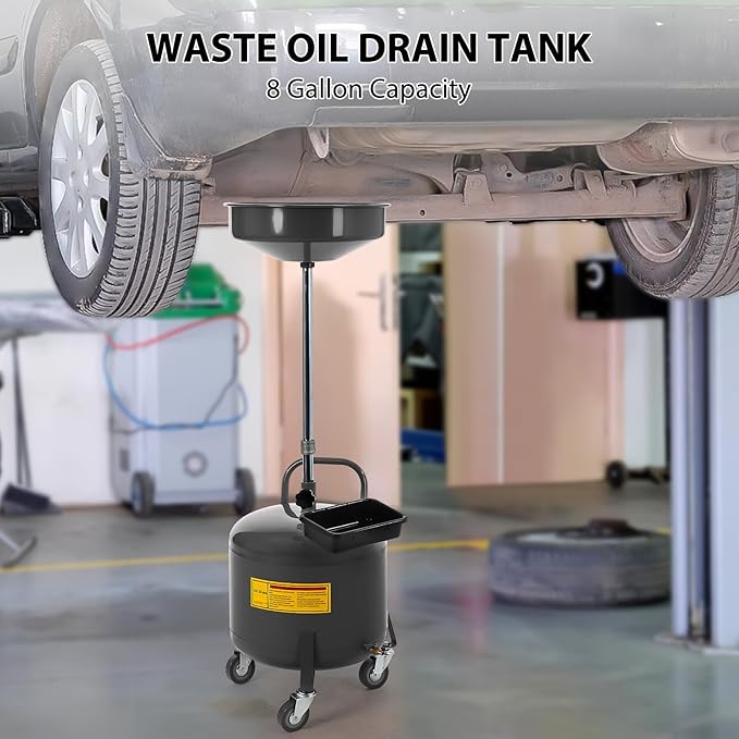 20 Gallon Oil Drain Tank, Fluid Fuel Transfer Tank, Portable Oil Drain Container, Air Operated Drainer with Wheels and a Toolbox, Adjustable Funnel Height (8 Gallon-Black)