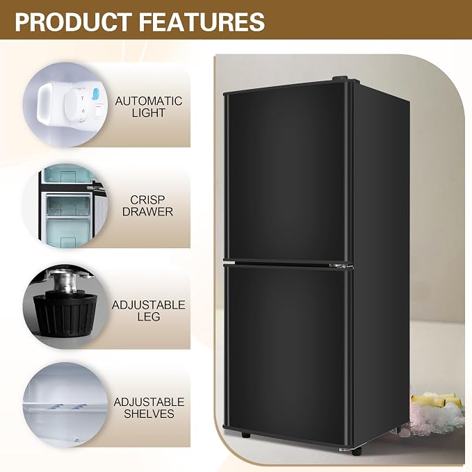 Dorm Size Fridge with Freezer 4.3 Cu. Ft., 2-Door Small Refrigerator Black | with Bottom Freezer, 7-Level Thermostat Control, Low Noise Mini Fridge for Apartment, Office, Kitchen